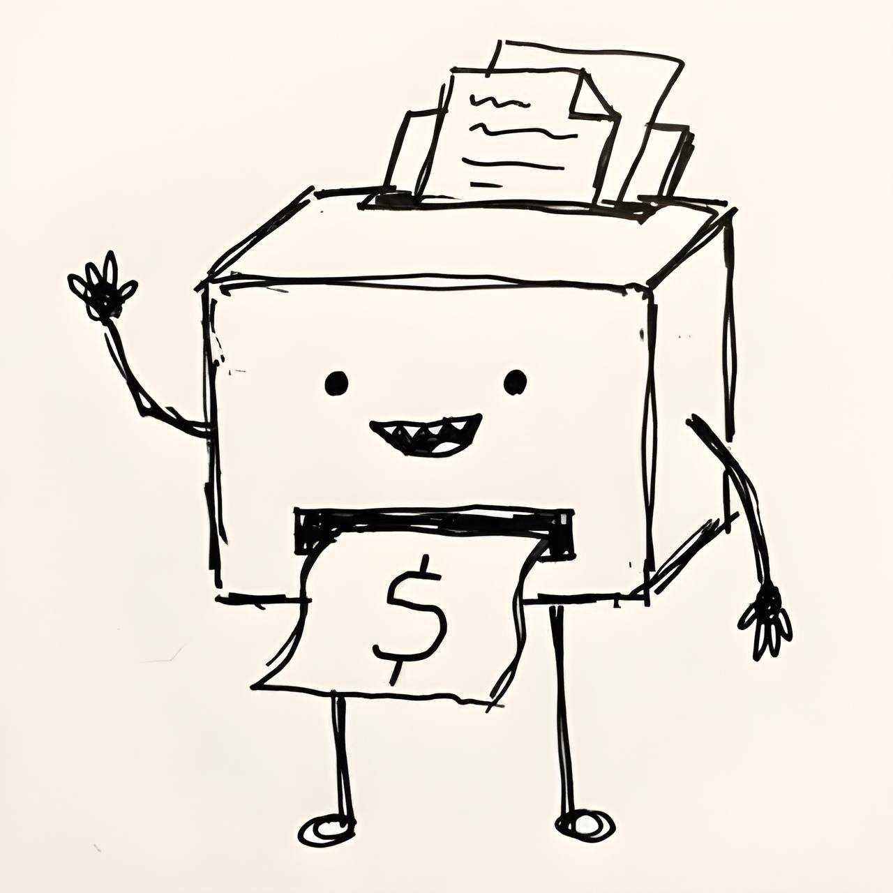 Printa, a hand-drawn printer mascot printing a dollar bill